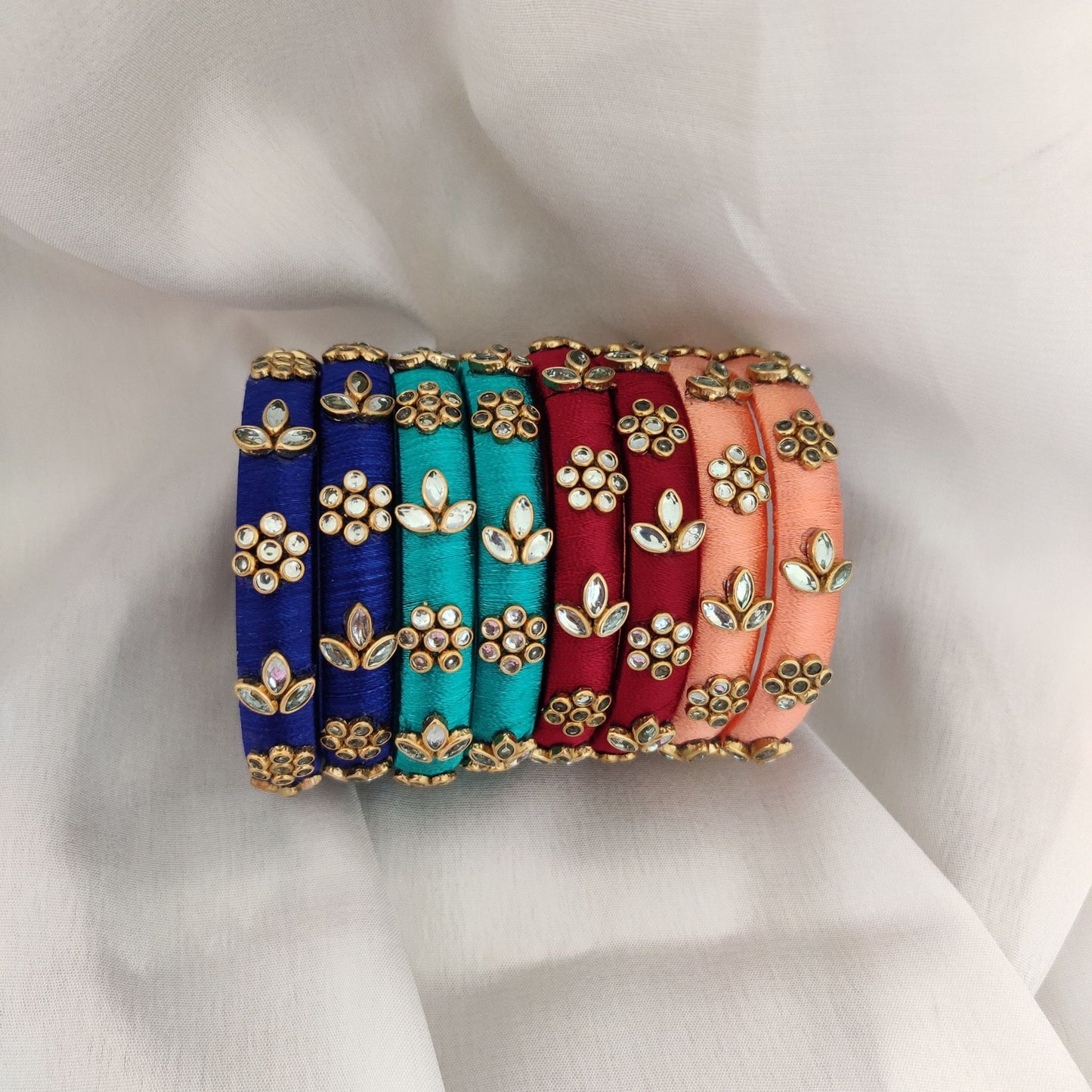 Kundan Multicolor Silk Thread Bangles Set - 4 Pairs (8 Bangles)