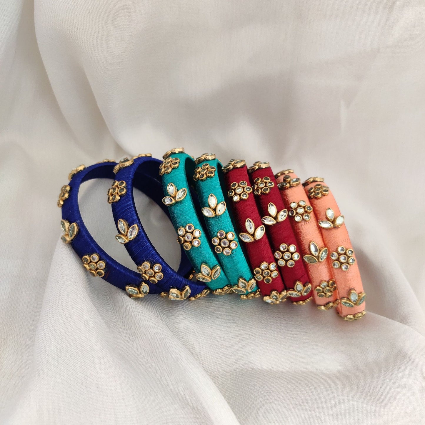 Kundan Multicolor Silk Thread Bangles Set - 4 Pairs (8 Bangles)