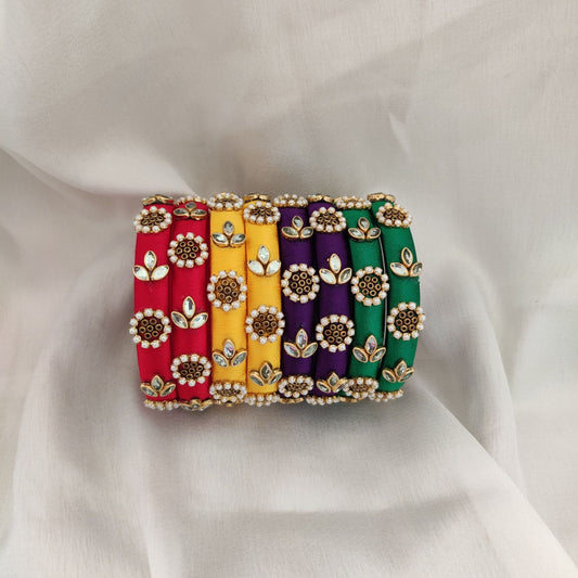 Kundan Multicolor Silk Thread Bangles Set - 4 Pairs (8 Bangles) with Potli Bags