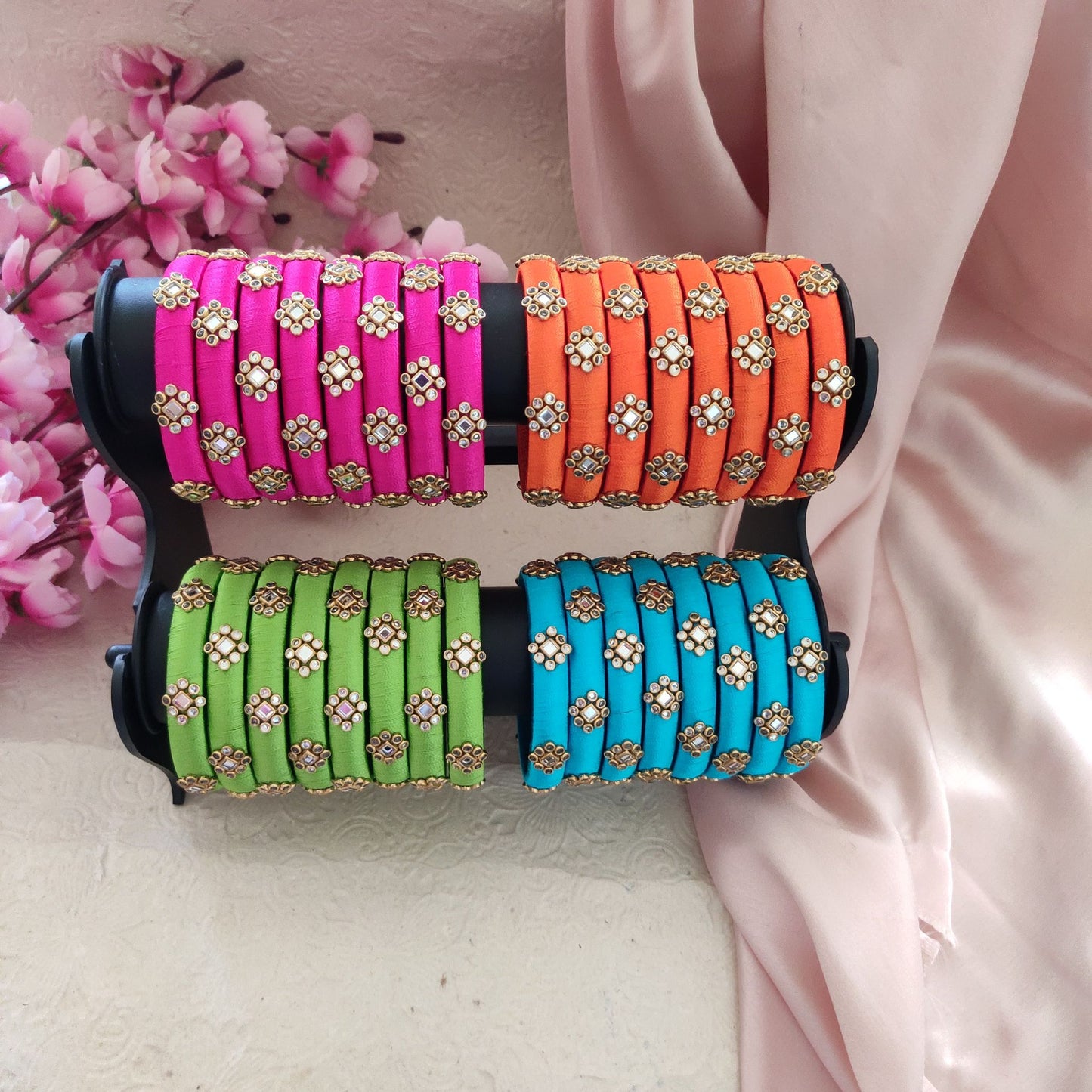 Kundan Multicolor Silk Thread Bangles Set - 4 Pairs (8 Bangles) with potli bags