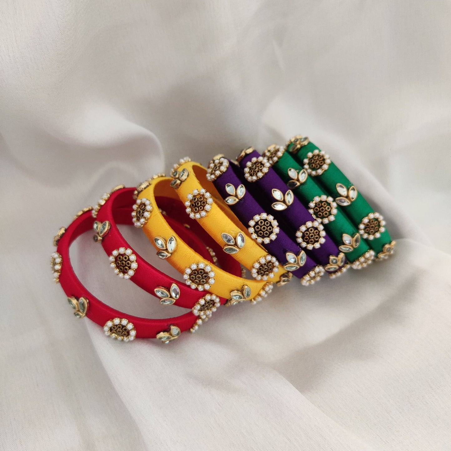 Kundan Multicolor Silk Thread Bangles Set - 4 Pairs (8 Bangles) with Potli Bags