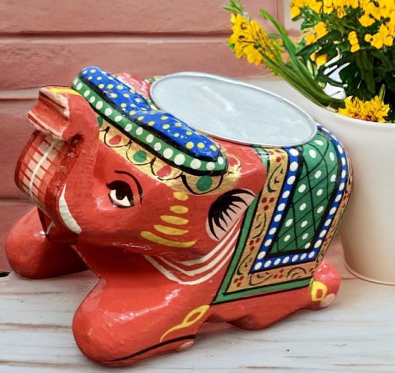 Kondapalli Wooden Handcrafted Elephant shaped Tea Light Holder-RED