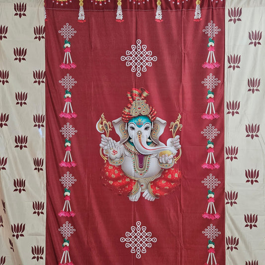 Ganesha Themed Pooja Backdrop Cloth - Indian Wedding and Party Decor